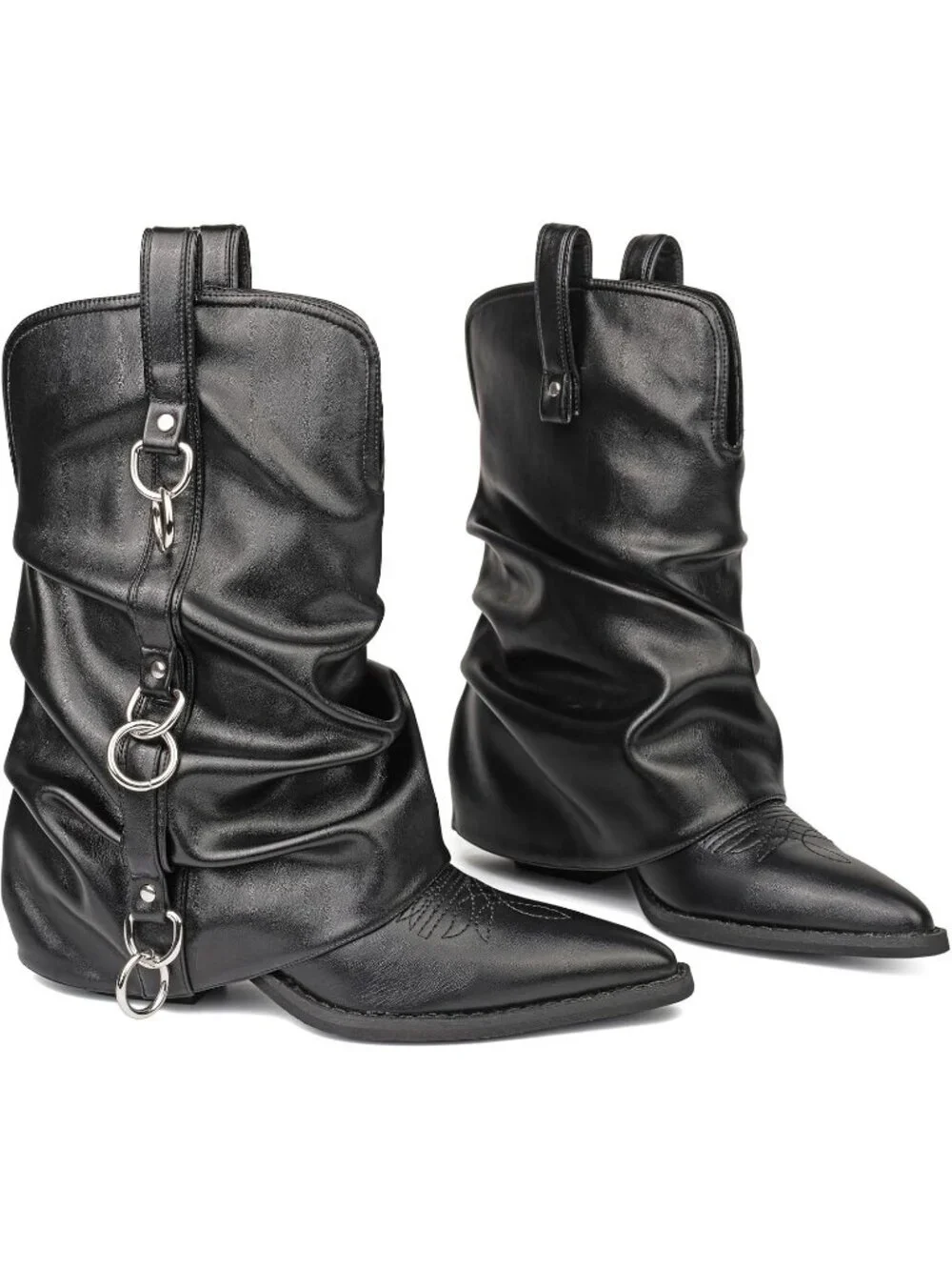 Women's Retro Black Rubber Calf High and Pointed Toe Slouchy Riding Boots